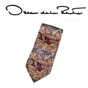 Oscar de la Renta Burgundy, Gray & Tan Vintage Paisley Print Silk Tie NWT
